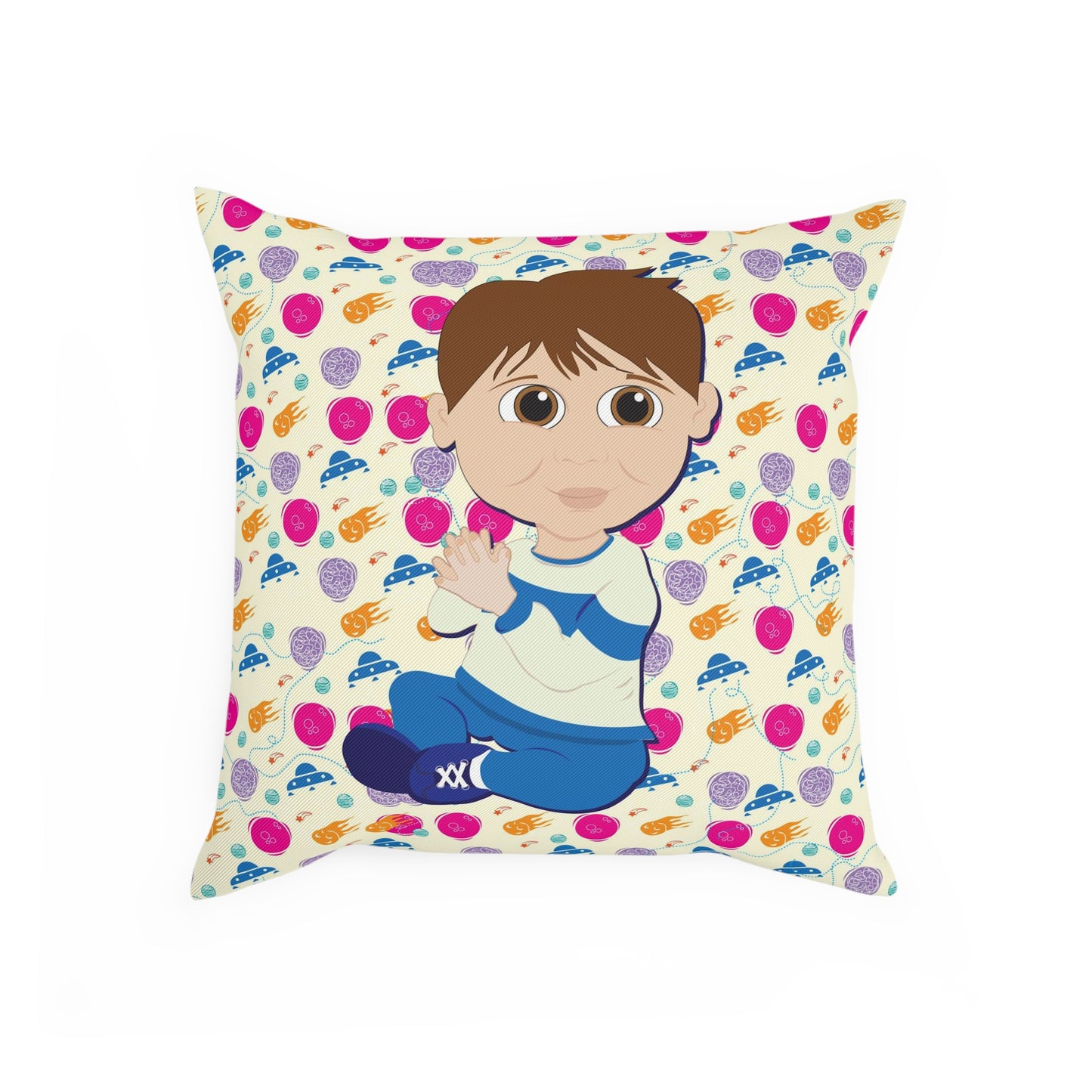 Dark Hair Boy Spaceship Background Cushion