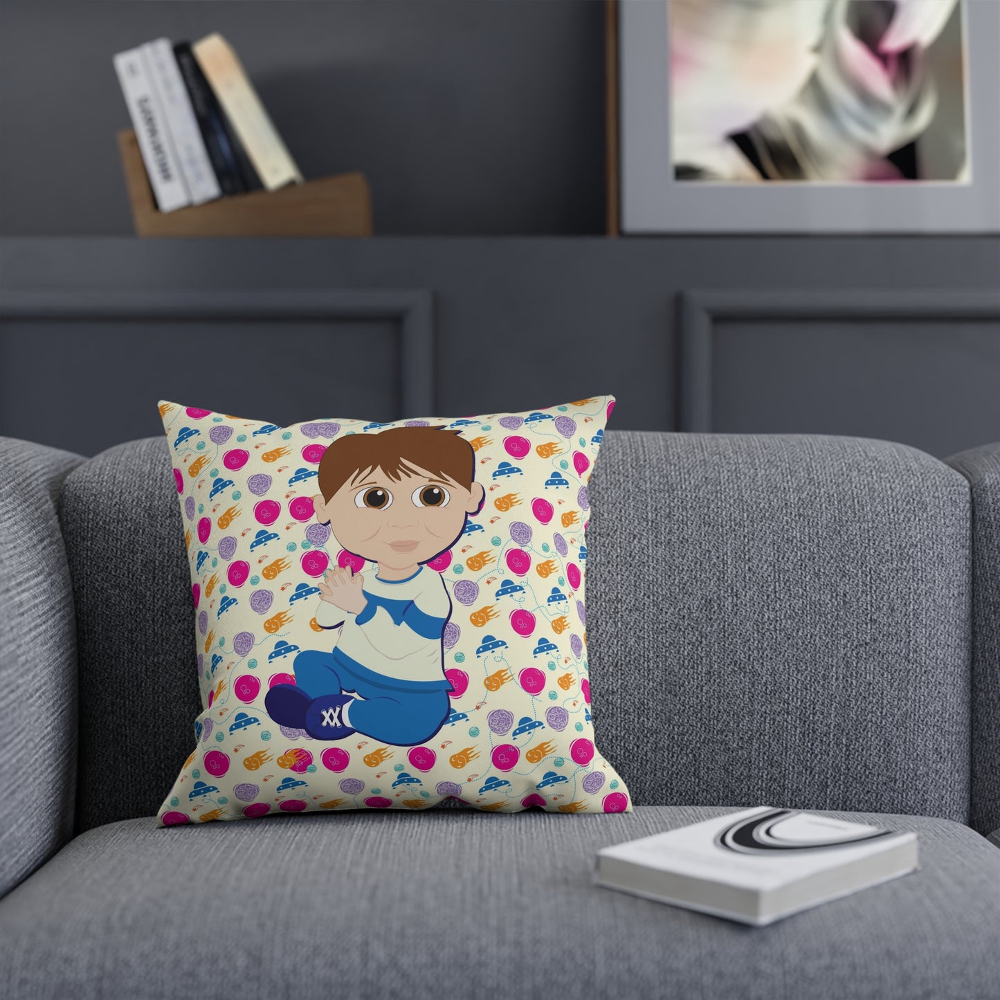 Dark Hair Boy Spaceship Background Cushion