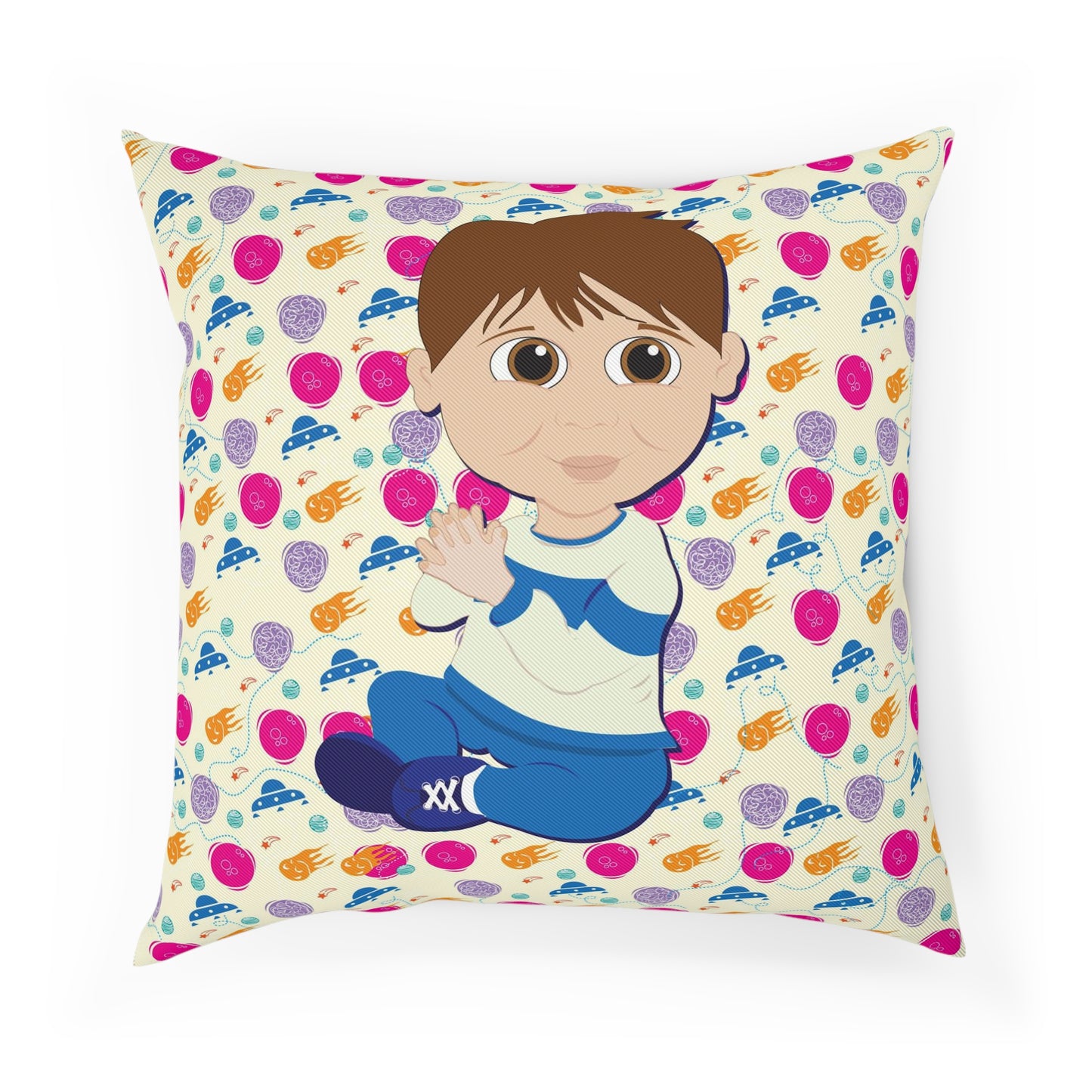 Dark Hair Boy Spaceship Background Cushion