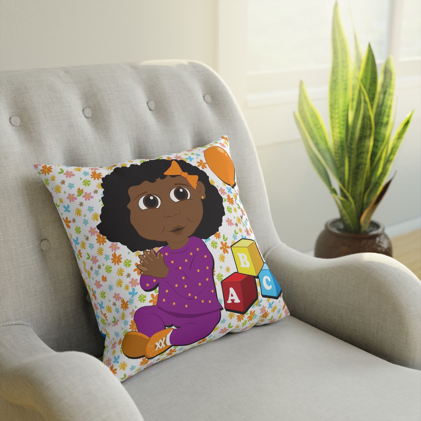 Black Girl with Orange Balloon Square Pillow