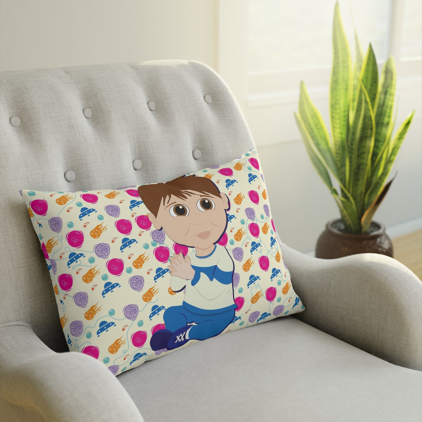 Dark Hair Boy Spaceship Background Cushion