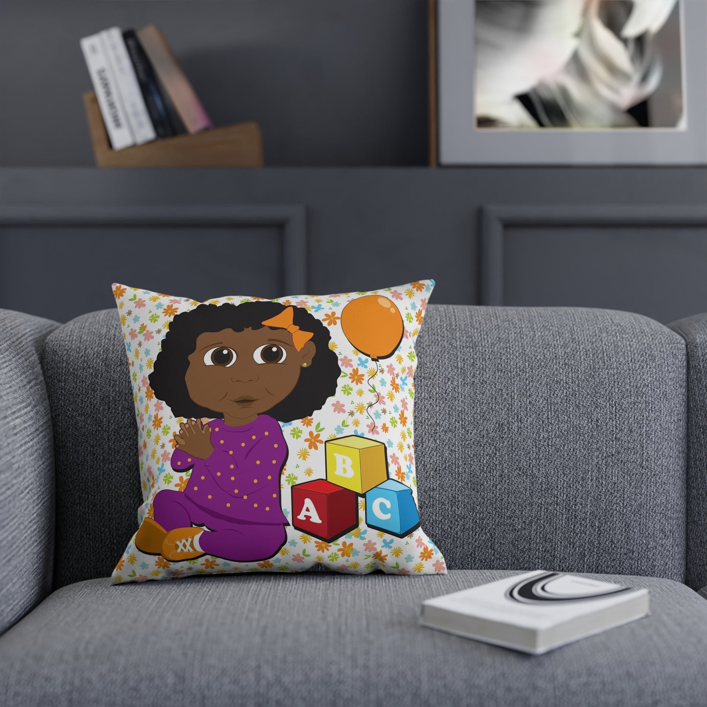 Black Girl with Orange Balloon Square Pillow