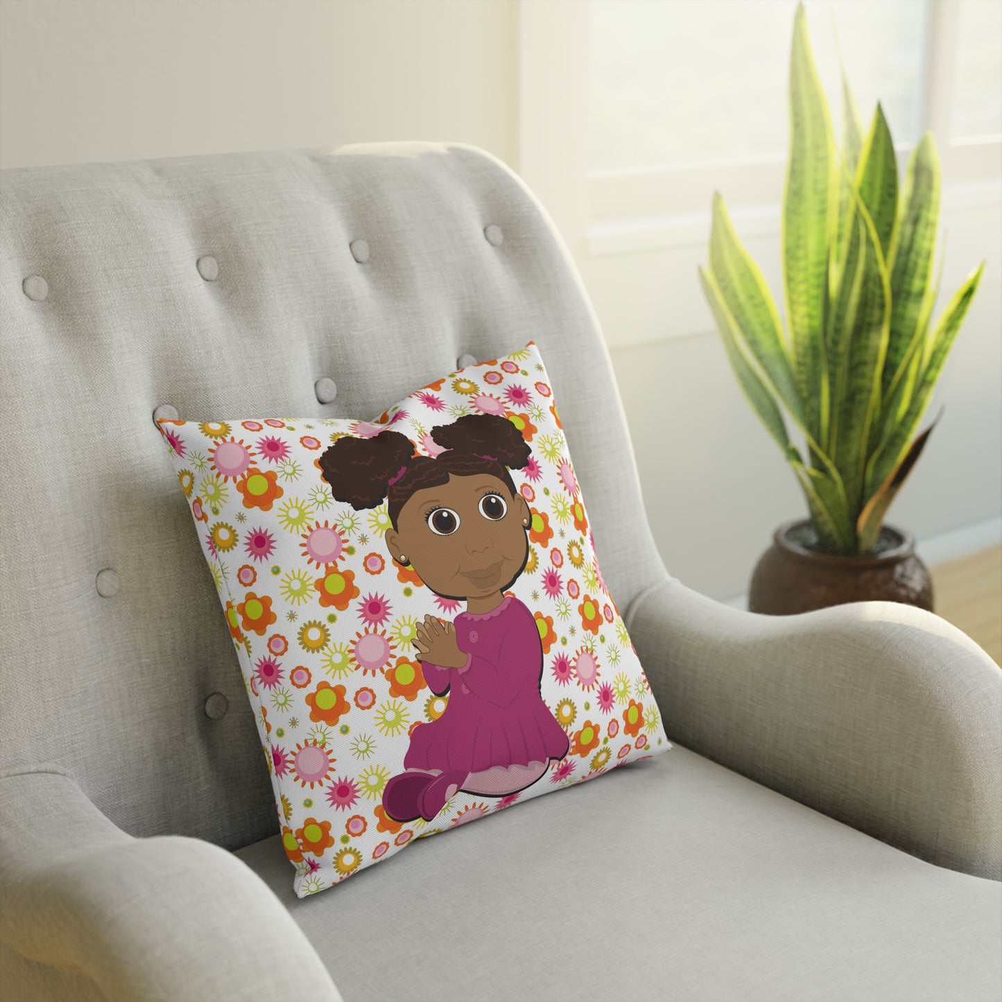 Black Girl Afro Puffs Square Cushion