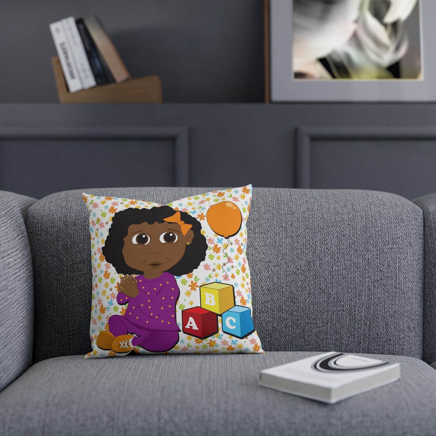 Black Girl with Orange Balloon Square Pillow