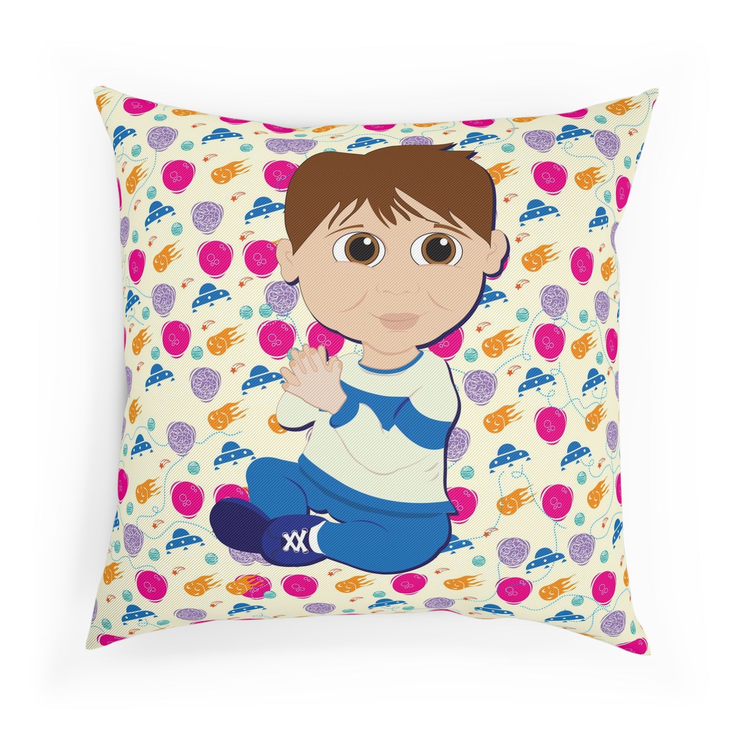 Dark Hair Boy Spaceship Background Cushion