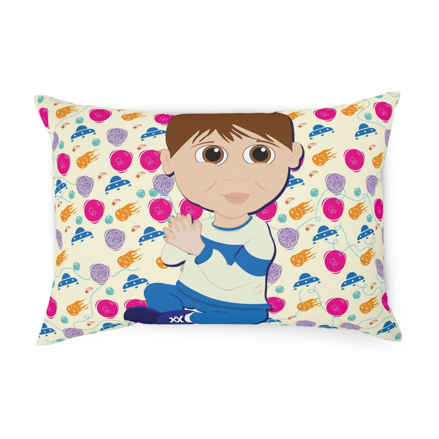 Dark Hair Boy Spaceship Background Cushion