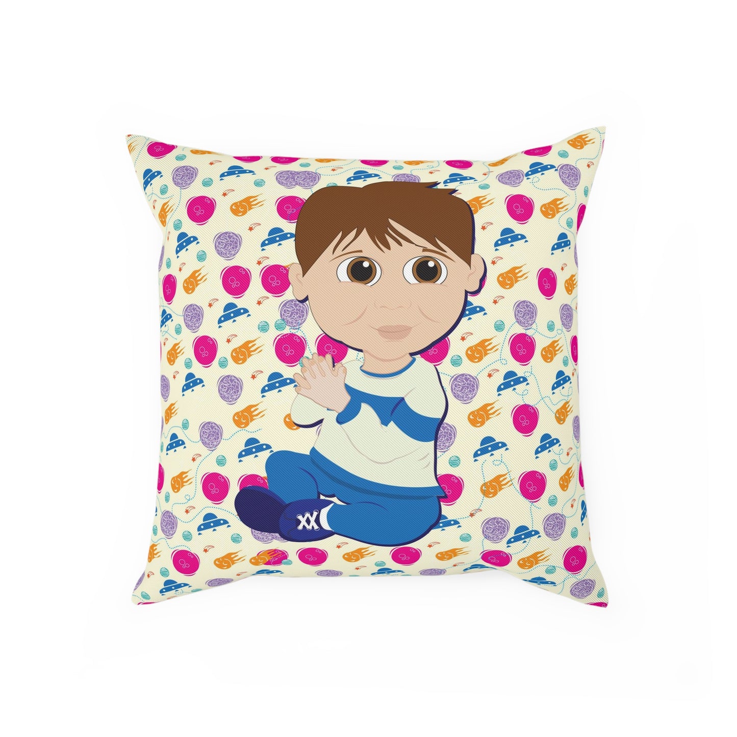 Dark Hair Boy Spaceship Background Cushion