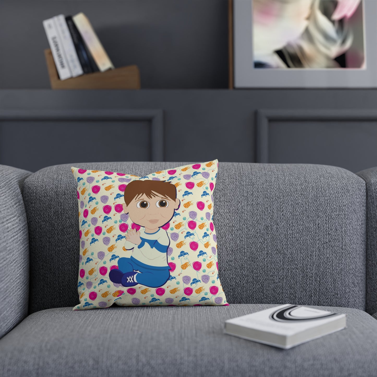 Dark Hair Boy Spaceship Background Cushion