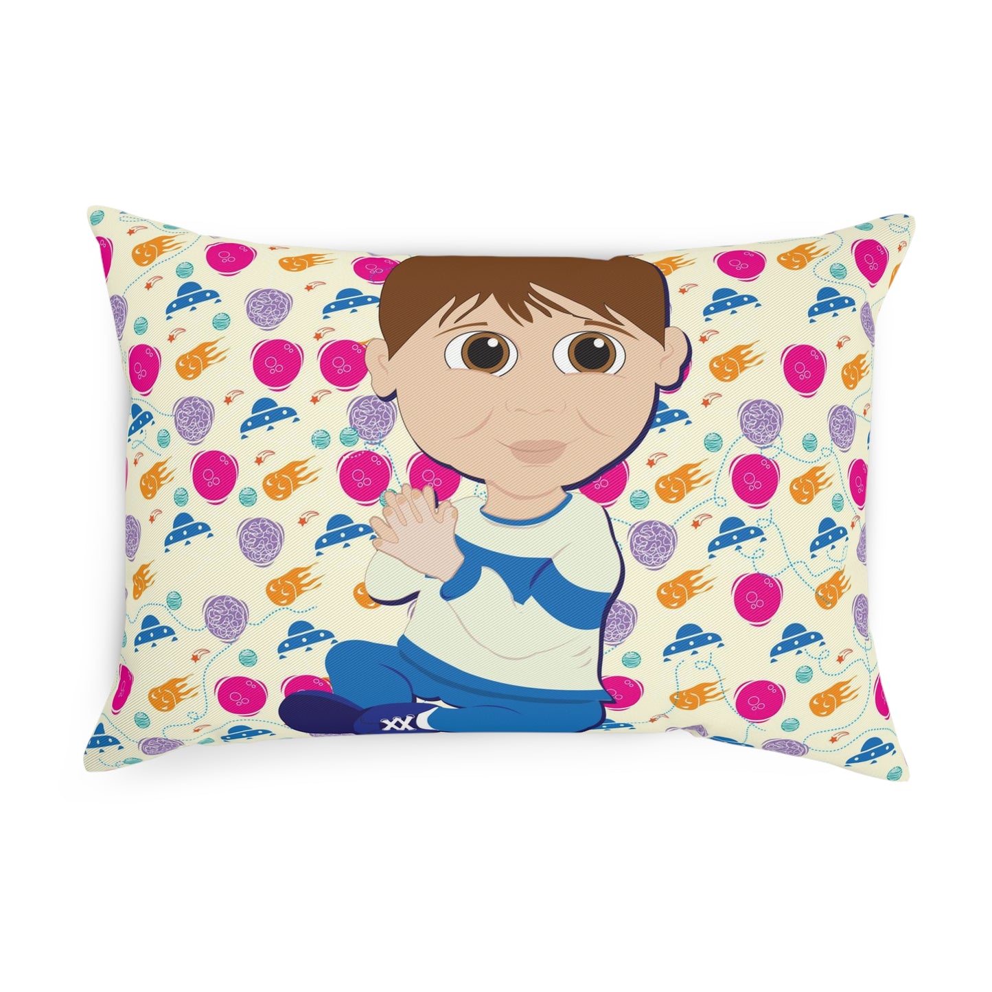 Dark Hair Boy Spaceship Background Cushion