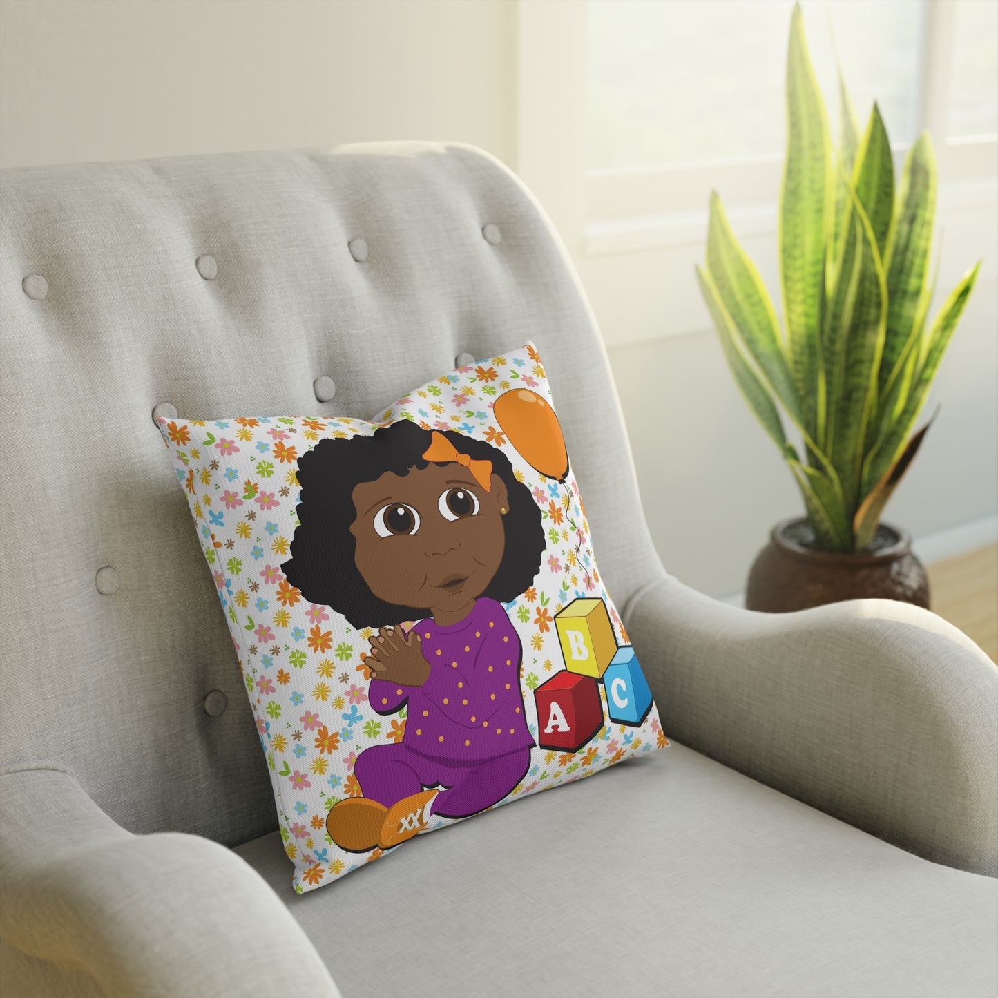 Black Girl with Orange Balloon Square Pillow